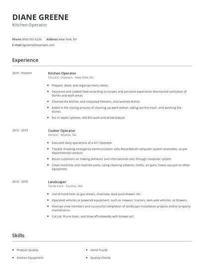 Kitchen Operator Resume