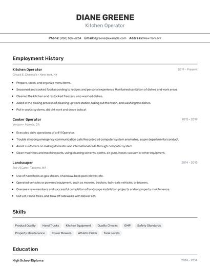 Kitchen Operator Resume