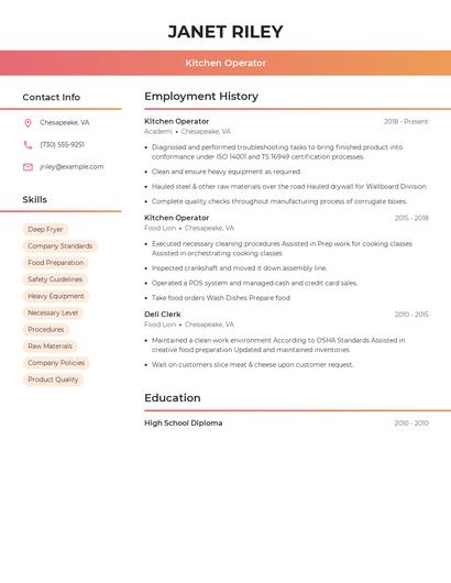Kitchen Operator Resume