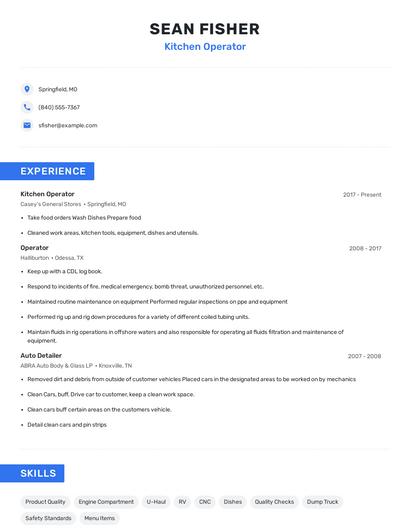Kitchen Operator Resume