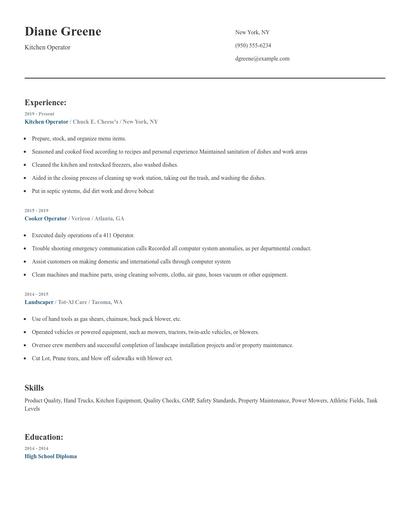 Kitchen Operator Resume