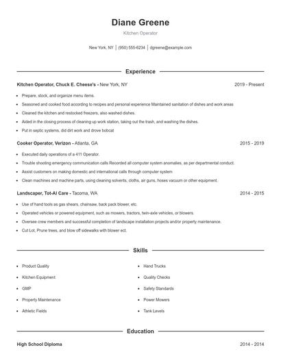 Kitchen Operator Resume