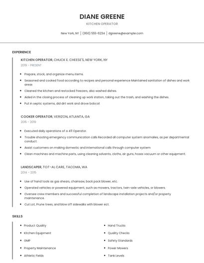 Kitchen Operator Resume
