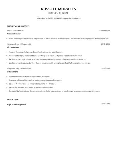 Kitchen Runner Resume