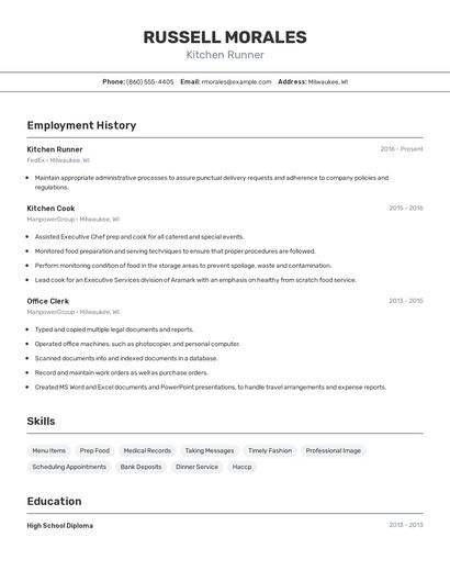 Kitchen Runner Resume