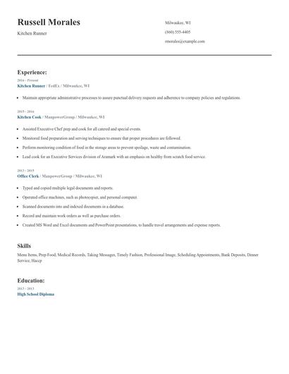 Kitchen Runner Resume