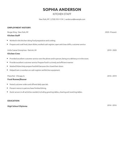 Kitchen Staff Resume