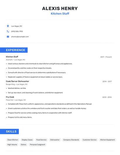 Kitchen Staff Resume