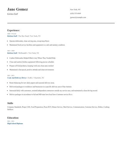 Kitchen Staff Resume
