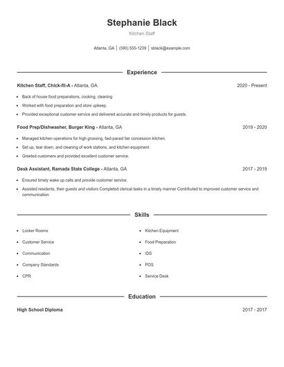 Kitchen Staff Resume