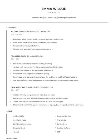 Kitchen Staff Resume