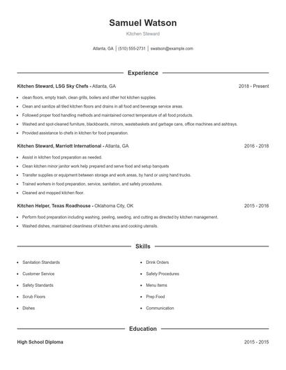 Kitchen Steward Resume