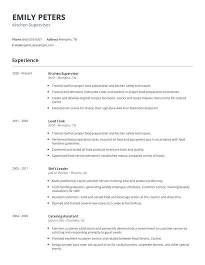 Kitchen Supervisor Resume