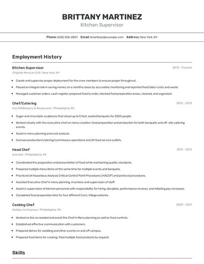 Kitchen Supervisor Resume