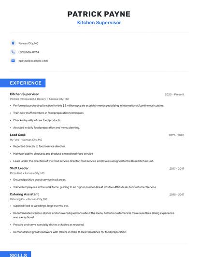 Kitchen Supervisor Resume