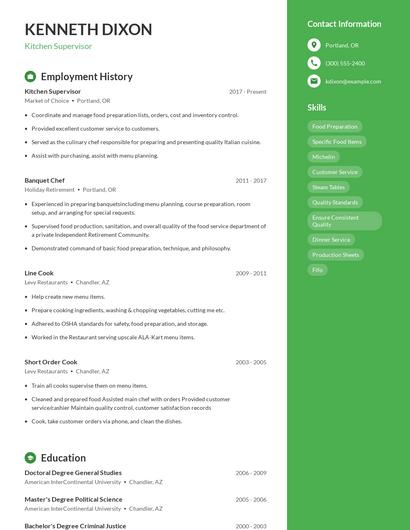 Kitchen Supervisor Resume