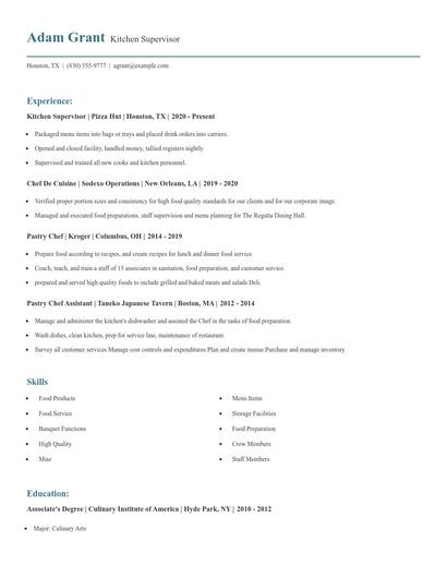 Kitchen Supervisor Resume