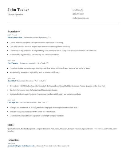 Kitchen Supervisor Resume