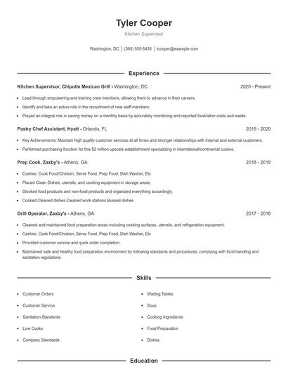 Kitchen Supervisor Resume