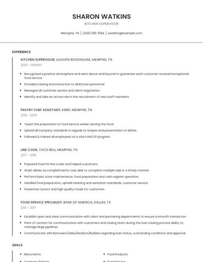 Kitchen Supervisor Resume