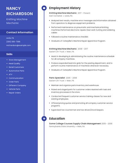 Knitting Machine Mechanic Resume