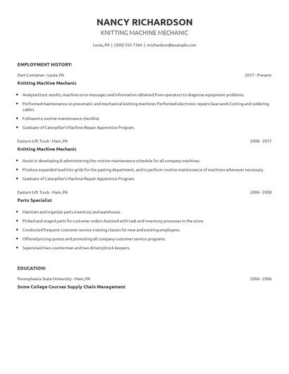 Knitting Machine Mechanic Resume