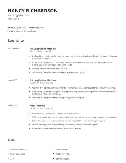 Knitting Machine Mechanic Resume
