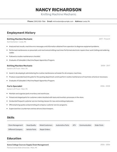 Knitting Machine Mechanic Resume