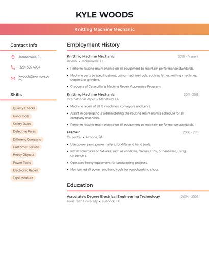 Knitting Machine Mechanic Resume