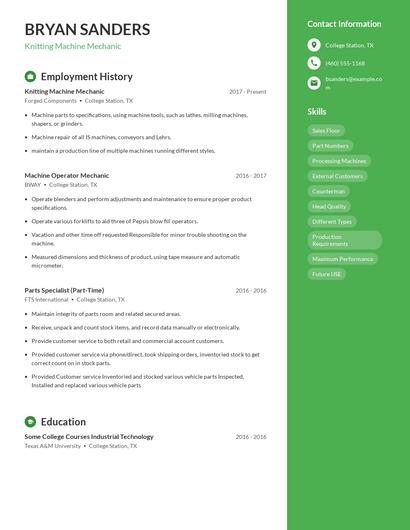 Knitting Machine Mechanic Resume