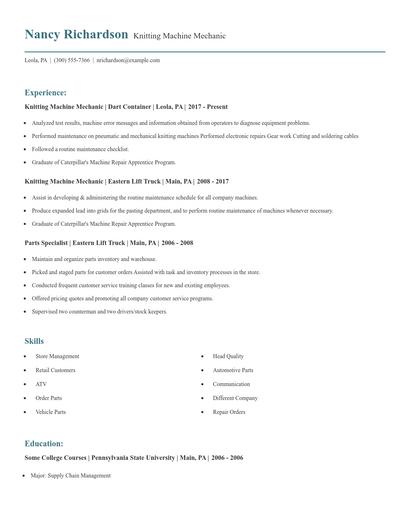 Knitting Machine Mechanic Resume