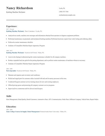 Knitting Machine Mechanic Resume