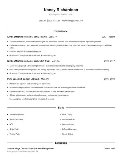 Knitting Machine Mechanic Resume