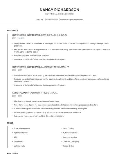 Knitting Machine Mechanic Resume