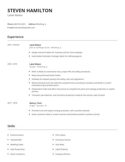 Label Maker Resume