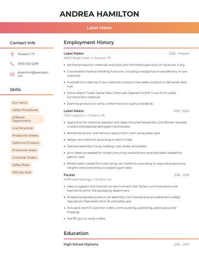 Label Maker Resume