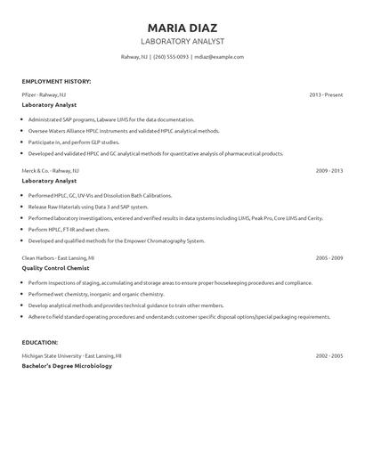 Laboratory Analyst Resume