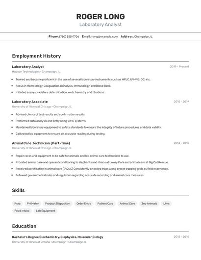 Laboratory Analyst Resume