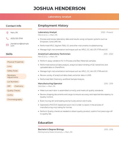 Laboratory Analyst Resume