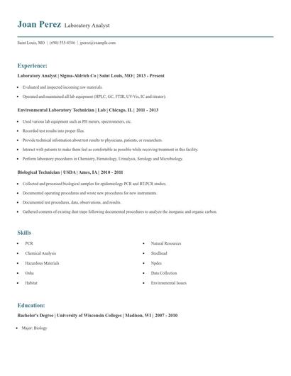 Laboratory Analyst Resume