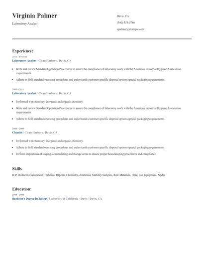 Laboratory Analyst Resume