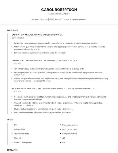 Laboratory Analyst Resume