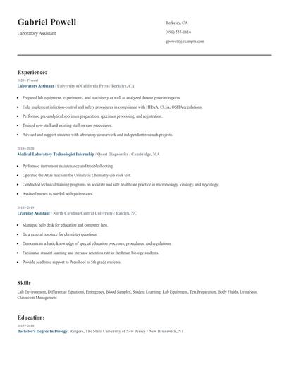Laboratory Assistant Resume