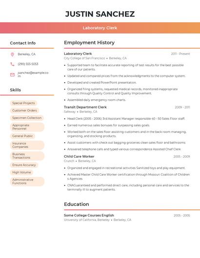 Laboratory Clerk Resume