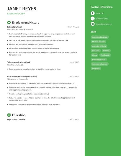 Laboratory Clerk Resume