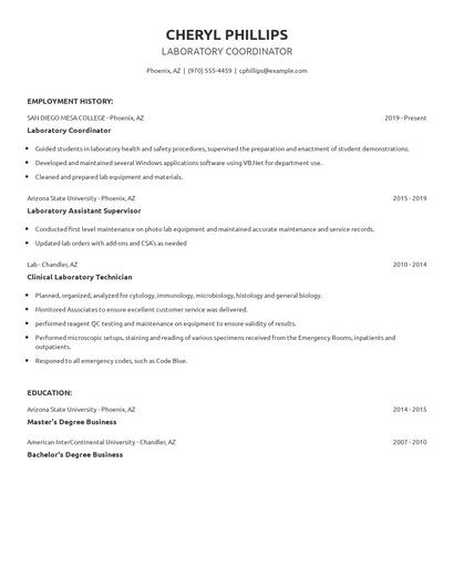 Laboratory Coordinator Resume