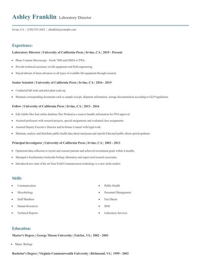 Laboratory Director Resume