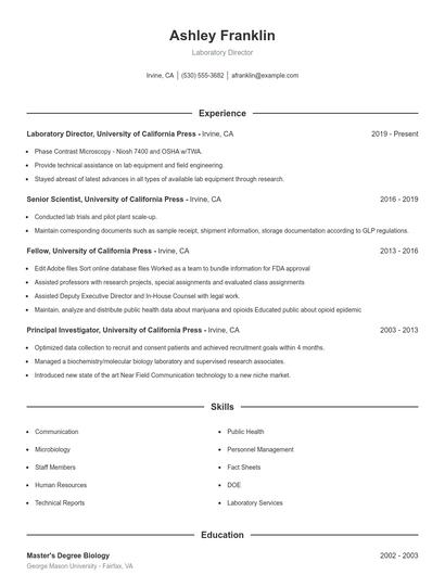 Laboratory Director Resume