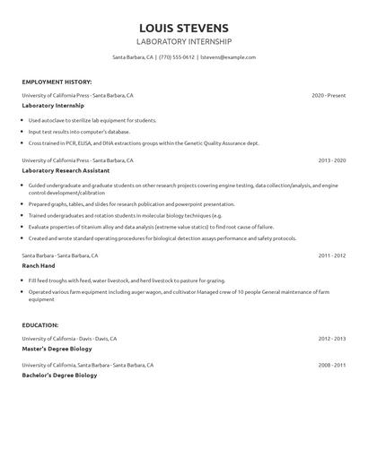 Laboratory Internship Resume