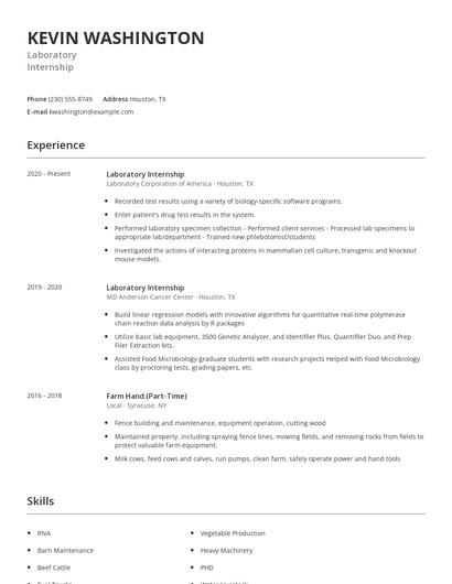 Laboratory Internship Resume